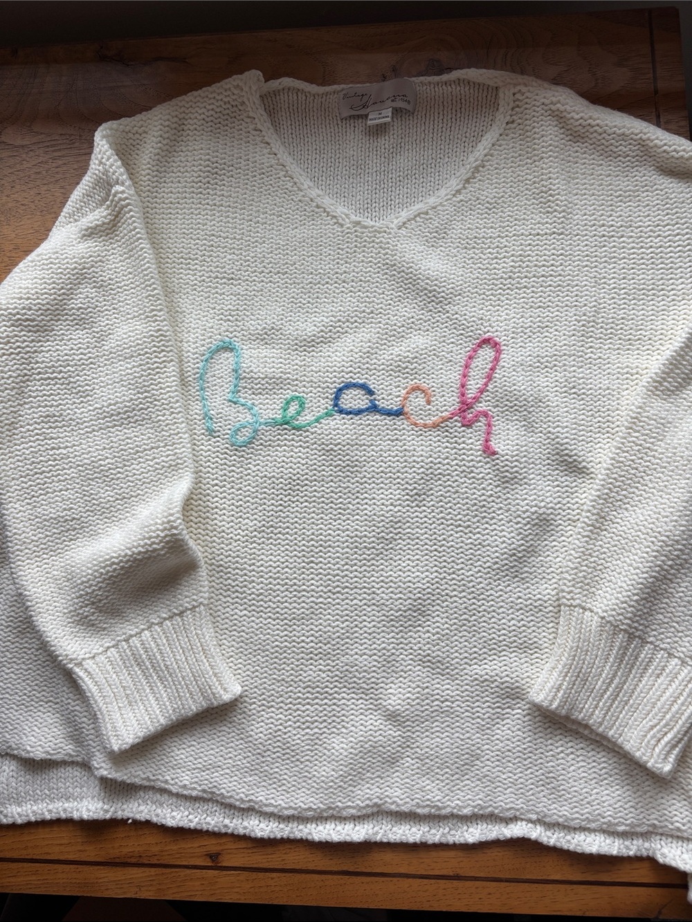 Vintage Havana Cream V-Neck Sweater with Multicolor 'Beach' Script